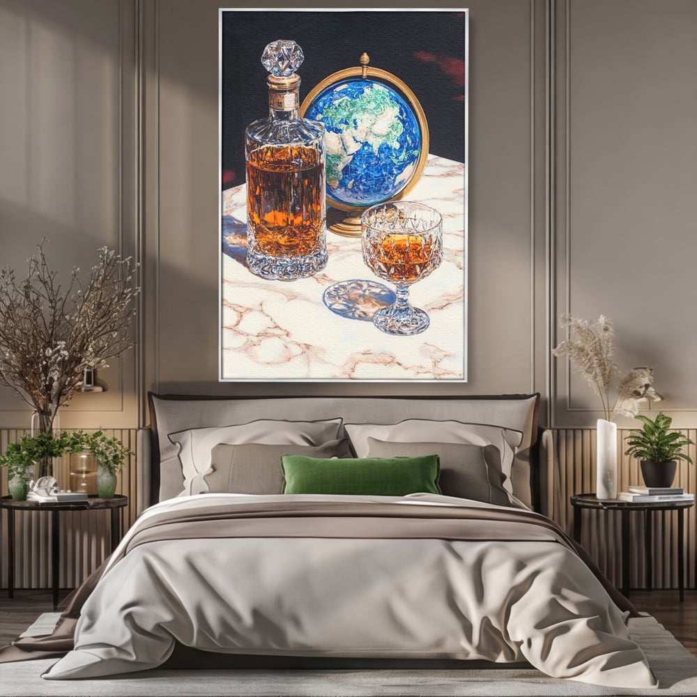 Tablou canvas cu tablou canvas cu sticla de whisky si glob pamantesc, in rama de aluminiu argintiu, pe perete intr-un dormitor